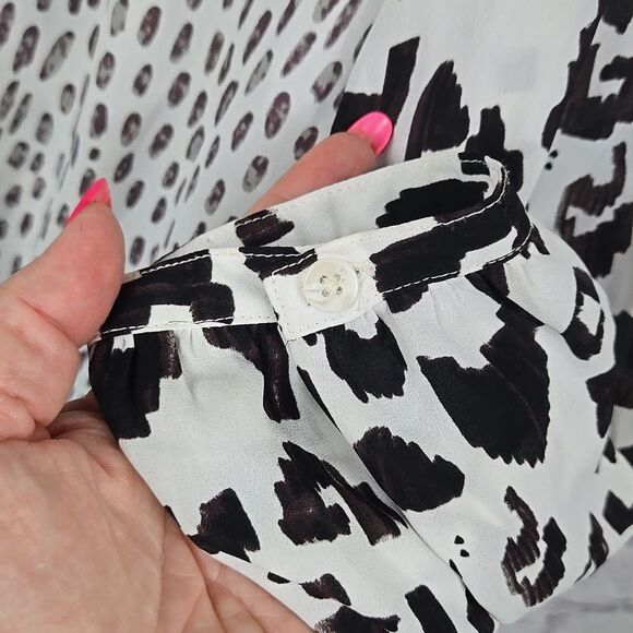 CAbi White Mixed Animal Print Faux Wrap Long Sleeve Blouse Snow Leopard Spots - Picture 7 of 12